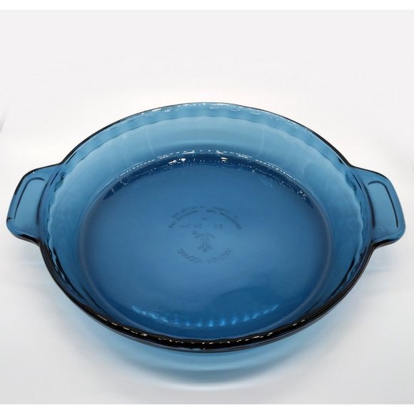 Vintage Anchor Hocking Blue Pie Plate Fluted Dish with handles - Picture 2 of 7